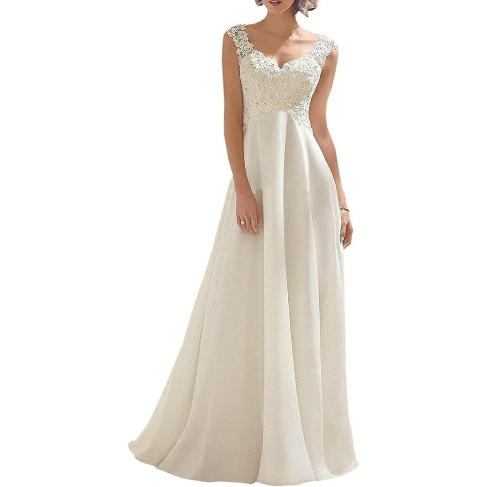 Women's Off-white Lace Double V-neck Sleeveless Imported Evening Wedding Dress - Picture 1 of 6